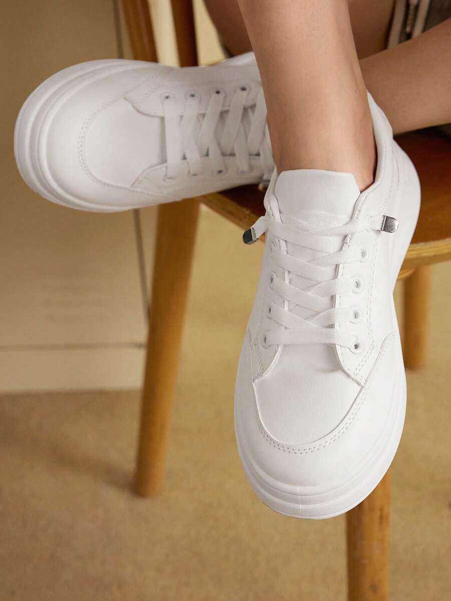 CUCCOO EASI Women Minimalist Fashionable Comfortable Flat Lace-Up Casual White Sneaker For Summer Vacation Shoes Summer Sports Shoes Casual Shoes Back To School Shoes College Student Shoes Fall, Spring/Autumn Versatile Shoes For Women Shoes For Women Sneakers Spring Shoes Easter Tainers