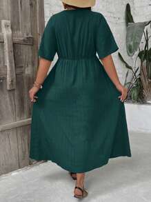 SHEIN VCAY Plus Size V-Neck Ruched Short Sleeve Casual Everyday Comfortable Fashionable Dress - Teal Blue - View 2