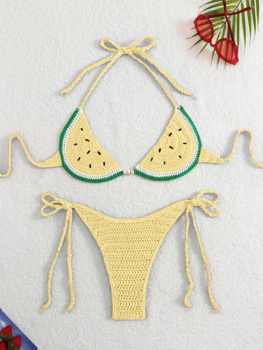 Swim Mod Women's Vacation Crochet Avocado Bikini Top And Bottom Set For Summer - Yellow - View 1