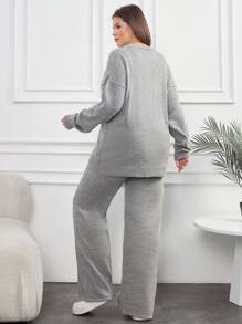EURMUSE Plus Size Casual Crew Neck Melange Yarn Faux Pearl Beaded Drop Shoulder Solid Sweater & Wide Leg Plain Drawcord Detailed Sweater Pants 2 Pieces Set, For Winter - Grey - View 2