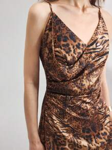 Ontre Women's Dark Brown Leopard Animal Print Satin Maxi Dress,Sleeveless Summer Seksi Chic Long Dress,Urban Abstract Night Out Commuter Casual Wear,2025 - Black - View 5