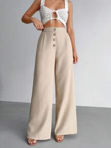 EURMUSE Women Solid Color Button Front And Pocket Detailed Wide Leg Pants Women Summer Clothing Women S Bottoms Women Clothing Summer Outfits - Flint Stone - View 3