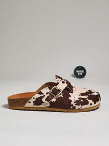 SHUZIA 女式宽版牛纹圆头软木鞋床拖鞋，带可调节扣