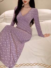 DAZY Ditsy Floral Fitted V-Neck Pleated Long Nightgown ,Vacation