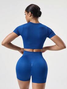 Seamluxe SHEIN Sport 2 pezzi Set di abbigliamento sportivo di base in tessuto che assorbe l'umidità, a costine, con scollo a equipaggio, adatto per fitness e allenamento yoga, colore blu navy, per donne