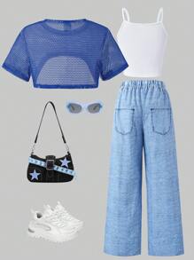 SHEIN 3-teiliges Mädchen Set aus einfarbigem Crop Top, Tanktop mit Häschenprint und Hose mit Denim-Optik und Häschenprint