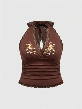 Hippie Top de tirantes holgado con cuello halter para mujer de talla grande, con bordado de planta de rosa y abeja en estilo hippie