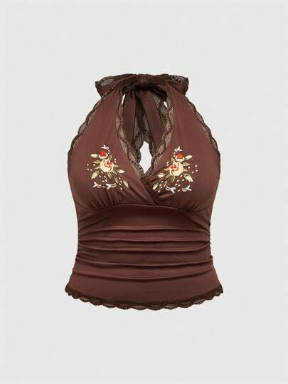 Hippie ملابس علوية ملابس علوية هالتر من نمط هيبي مزين بطبعات شرانق الأزهار والنحل المطرزة للسيدات البدينة