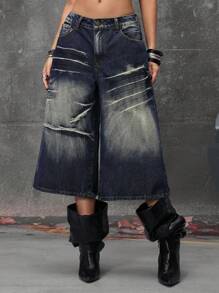 ROMWE Grunge Punk Low Rise Distressed Wash Super Loose Street Style Cropped Jeans - Blue - View 2