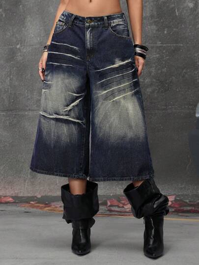 Grunge Punk Low Rise Distressed Wash Super Loose Street Style Cropped Jeans