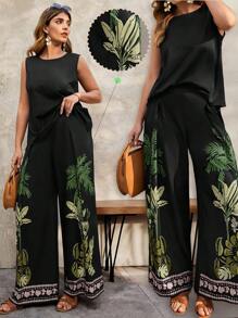 SHEIN Clasi 女士印花深 V 领收腰长裤，夏季时尚休闲套装 - 彩色 - 查看 5