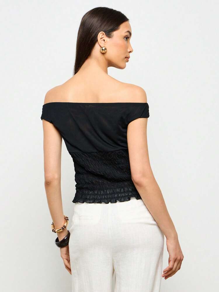 AiiRZ Chic Off Shoulder Summer Blouse Smocked Waist Ruffle Hem Party Evening Occasion Wear Dressy Fashion Top