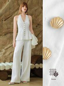 SHEIN LUNE 女士 2 件春夏套装：露背吊带上衣和高腰裤，白色，修身，优雅淑女风格，商务休闲女装，女士办公室服装，全白女装，2 件套夏季 - 白色 - 查看 9