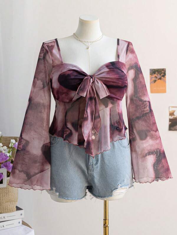 Soleia Plus Size Women Back To School Floral Print Tie Neck Long Sleeve Babydoll Top, Vacation Outfit