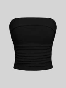 SHEIN Girlism 2 件套青少年女孩简约舒适褶皱露肩黑灰色抹胸文胸露肩上衣 - 彩色 - 查看 6