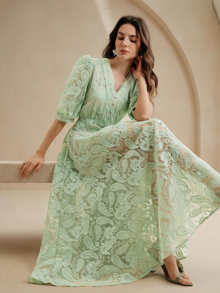 Spring, Summer, Elegant, Vacation, Date Night, Beach Women's V-Neck Semi-Sheer Cinched Waist Mesh Fabric Embroidered Maxi Dress