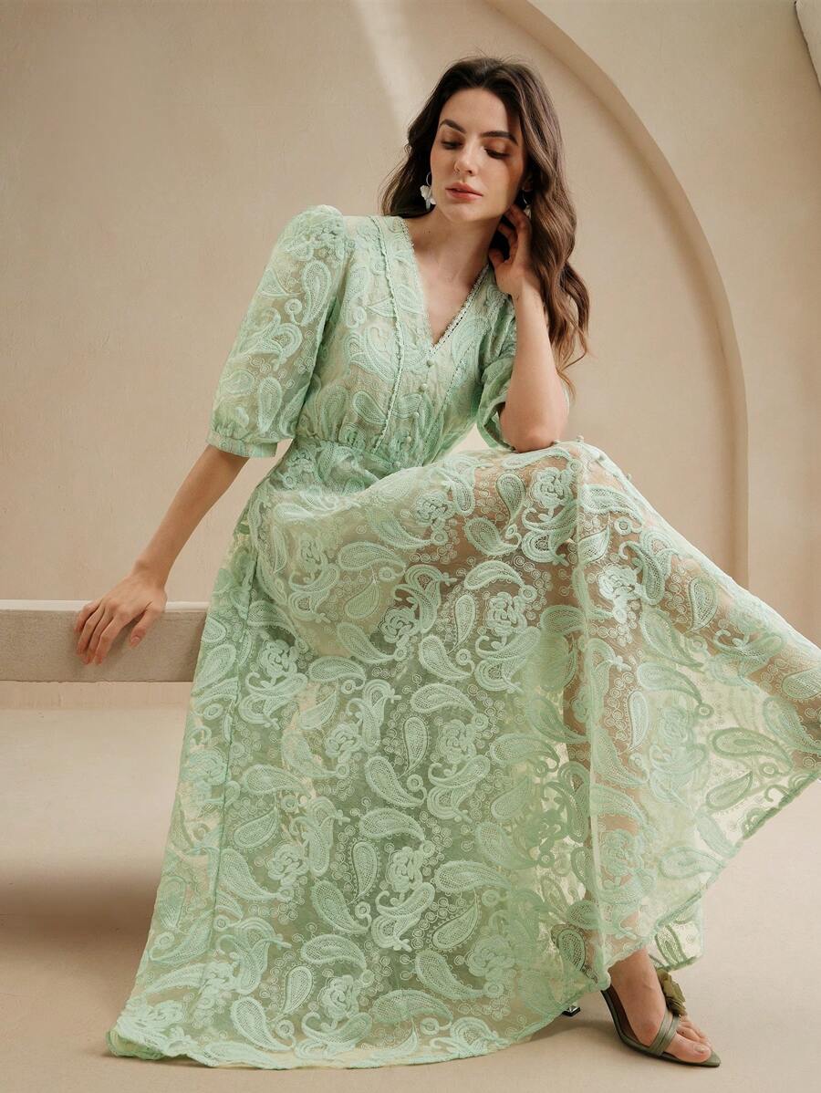 Anewsta Mùa xuân, mùa hè, thanh lịch, kỳ nghỉ, đêm hẹn hò, bãi biển váy dài vải lưới thêu eo bán trong suốt cổ chữ V cho nữ - màu xanh lá - Xem 1