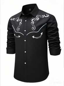 Genlund 男士西部风格纽扣前花印花长袖衬衫男士牛仔衬衫牛仔男士衬衫西部男士衬衫，适合秋季 - 黑色 - 查看 4