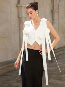 GENKIRA Fashionable Versatile Bowknot Decor Solid Color Camisole Tank Top - White - View 3