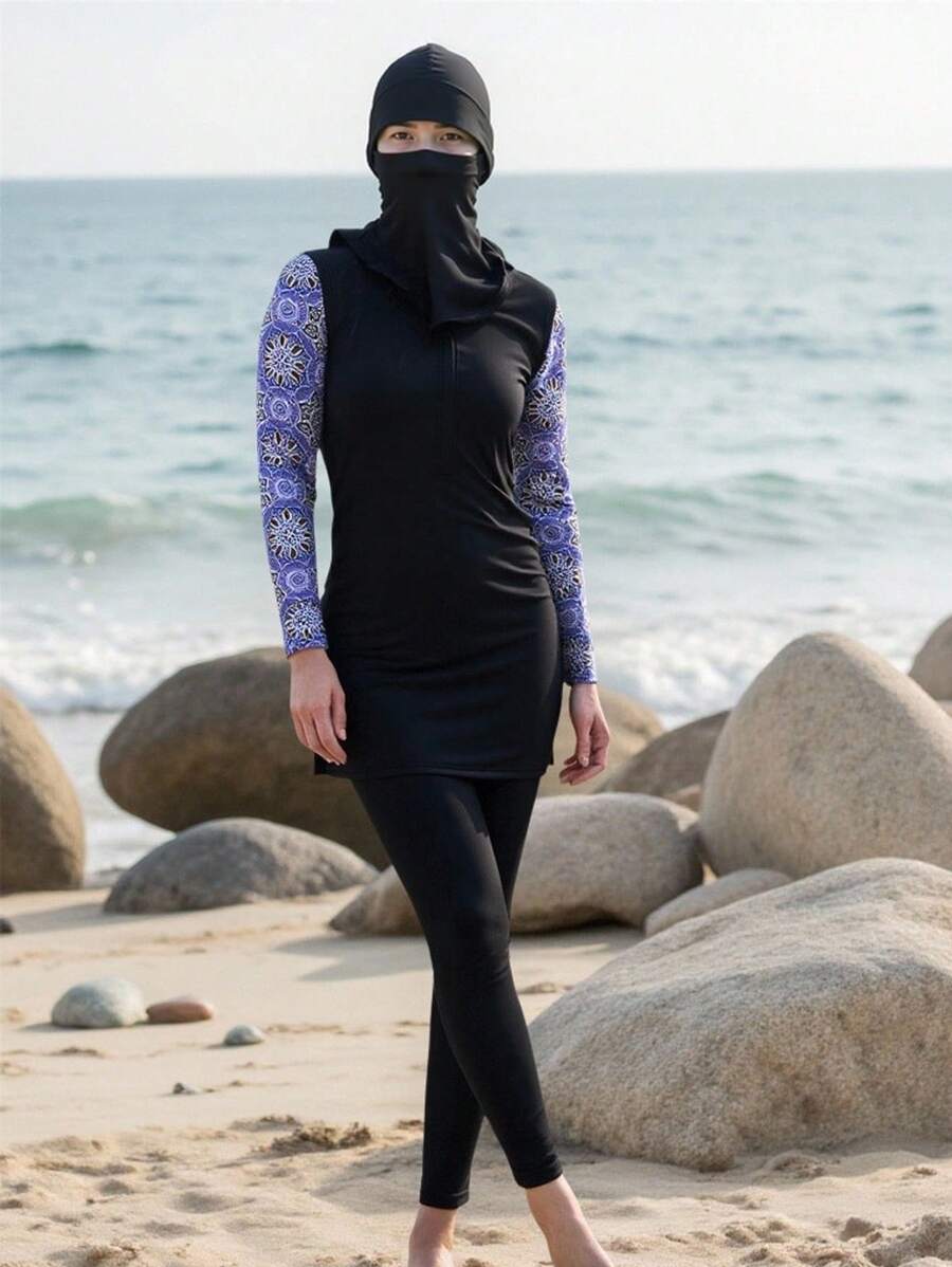 SHEIN Setelan Wanita 2pcs/Set Hitam Musim Panas untuk Liburan Pantai, Atasan Hoodie Lengan Panjang dan Celana Panjang dengan Motif Acak, Set Burkini Konservatif dengan Cakupan Penuh - MultiWarna - View 1