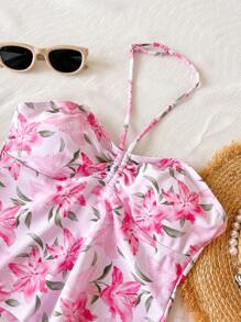 Teen Girls Floral Print Halter Neck Bikini Sets For Beach Vacation - Pink - View 3