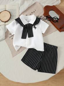 SHEIN Playful Pals 3pcs Baby Boy Infant Toddler Newborn Spring/Summer Gentleman Style Black & White Striped Woven Shirt+Shorts+Detachable Cape 3 Pieces Set, High Quality Cotton Baby Outfit