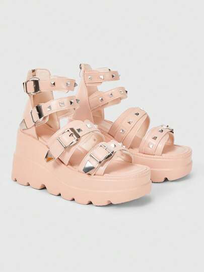 Grunge Punk Women's Stylish Metal Buckle Peep Toe Thick-Soled Flat Heels (7.5cm) Vintage PU Leather Black Sandals, Suitable For Summer Outing And Dating