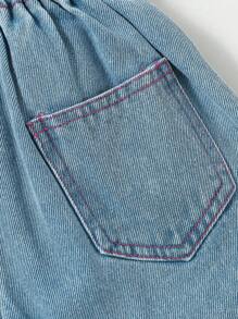 SHEIN Young Girl Casual Style Cute Bowknot Denim Shorts, Comfortable Lightweight Suitable For Vacation & Street Fashion, Summer, Cute Summer Shorts For Kids.