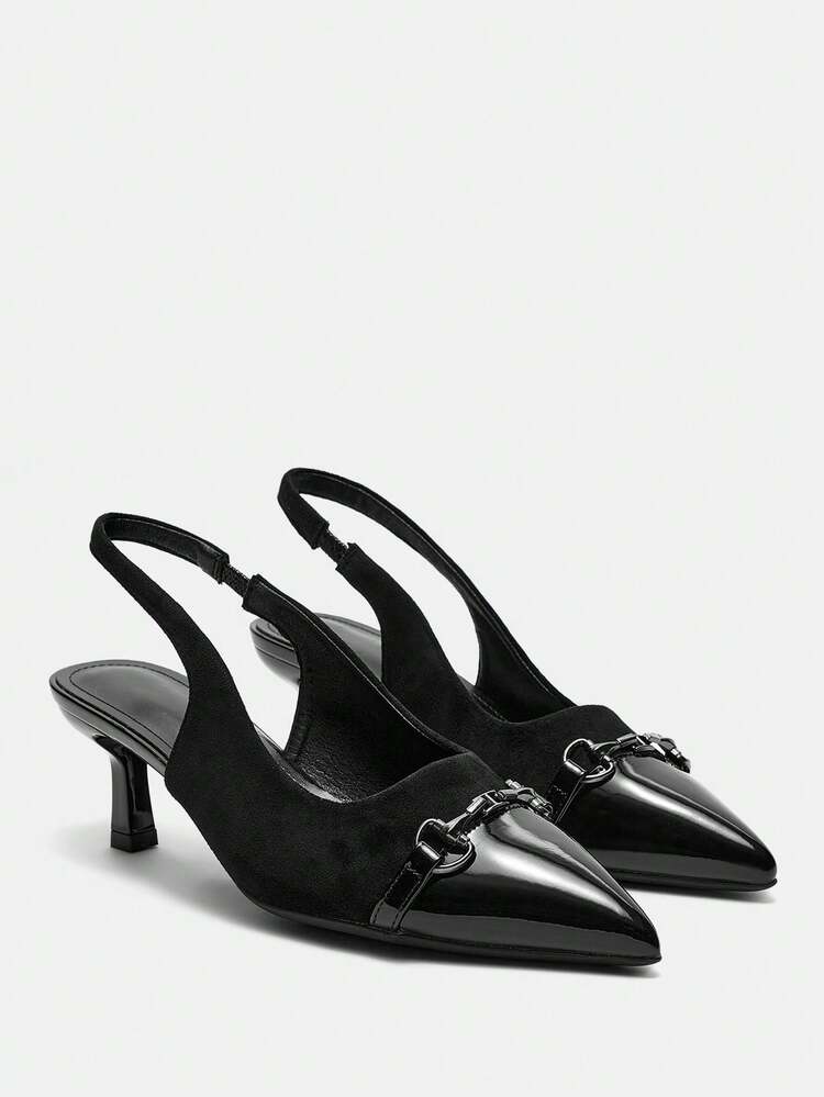 CUCCOO CURVES Women's Fashion Black Chain Strap Back Comfortable Low Heel Pointed Toe Flats, Suitable For Commuting, Dates, Gatherings, Parties & Various Occasions