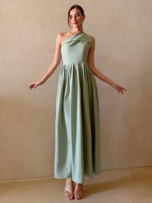 Aloruh Women's Elegant One Shoulder Designer Fitted Waist Solid Color Maxi Dress, Olive Green Island Vacation Outfits Women Summer Dress Women Vacation Dress - Green - View 1