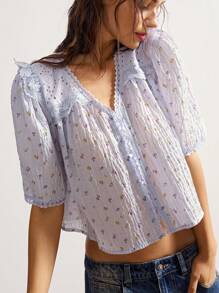 Bohemela 休闲印花彼得潘领宽松短袖女式衬衫 - 彩色 - 查看 6