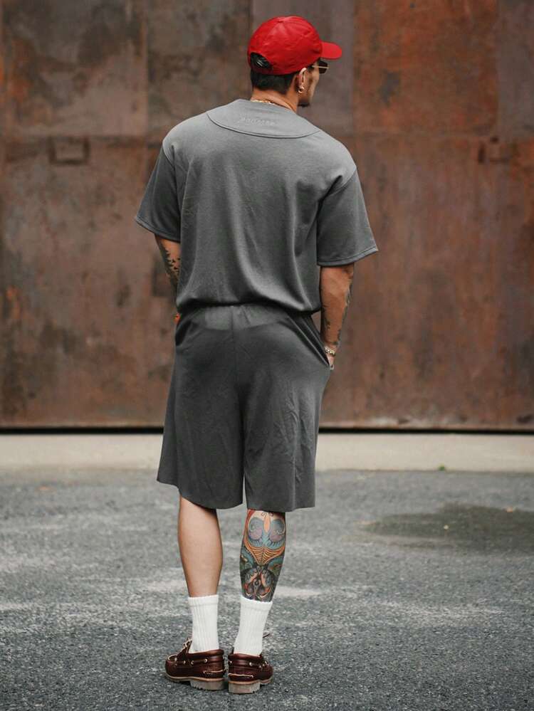 Summer Men's Gray Textured Fabric Split Design T-Shirt Set