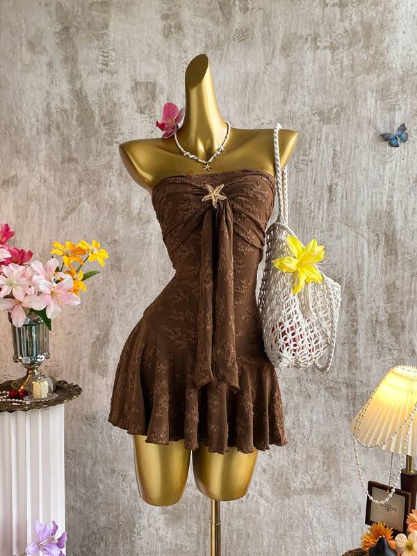 Elamini Brown Jacquard Fabric Metallic Starfish Decor Backless Ruffle Hem Mini Dress, Double-Layered, Elegant Sexy Cute For Holiday, Casual, Party, Daily Wear, Date, Vintage