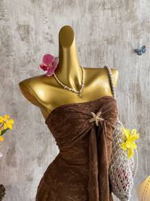 Elamini 棕色提花面料金属海星装饰露背荷叶边下摆迷你连衣裙，双层，优雅性感可爱，适合节日、休闲、派对、日常穿着、约会、复古 - 棕色 - 查看 4