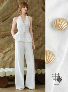 SHEIN LUNE 女士 2 件春夏套装：露背吊带上衣和高腰裤，白色，修身，优雅淑女风格，商务休闲女装，女士办公室服装，全白女装，2 件套夏季 - 白色 - 查看 1