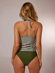 SHEIN Forever 21 Beach Vacation Outfits Women Two Pieces Swimsuit Vacation Women Clothes A Two Pieces Green Striped Color-Blocking Swimsuit Set Halter Tankini Swimsuit Striped Tankini - Green - View 2