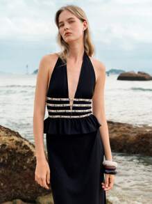 SHEIN Unity Beaded Strap V-Neck Vacation Style Women Tank Top - Black - View 4