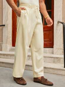 Manfinity VCAY Men's Woven Casual Everyday Loose Elastic Waist Straight Leg Pants Wide Leg - White - View 5