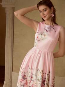 MOTF PREMIUM 花卉印花喇叭下摆连衣裙 - 粉色 - 查看 4