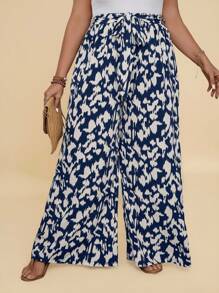 Travachic Plus Allover Print Belted Wide Leg Summer Pants - Navy Blue - View 3