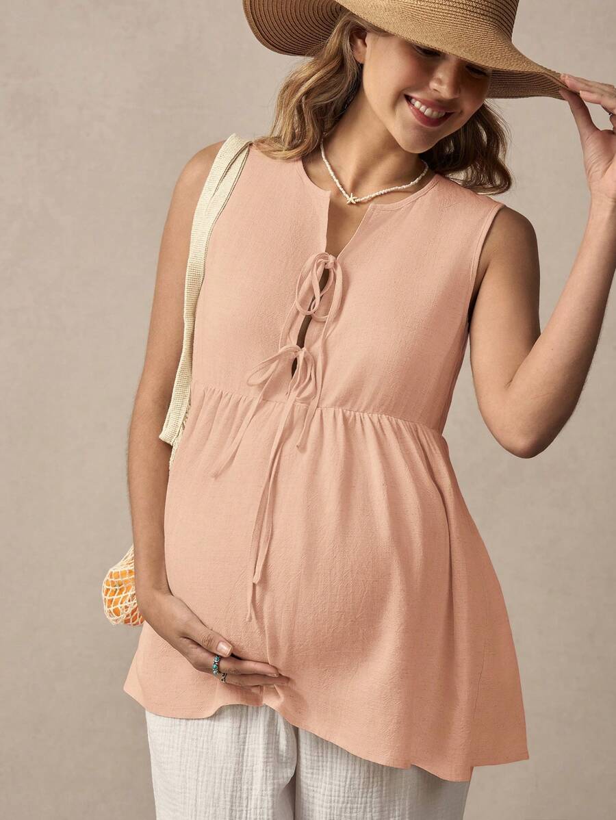 SHEIN Maternity Solid Color Ruffle Hem Tie Front Casual Sleeveless Shirt For Vacation