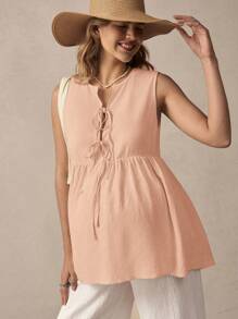 SHEIN Maternity Solid Color Ruffle Hem Tie Front Casual Sleeveless Shirt For Vacation