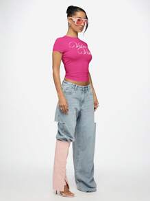 SUMWON WOMEN Video Vixen Baby Tee Fitted Crop Top Y2k Fashion Statement Graphic Print Short Sleeve Summer Festival Streetwear - Hot Pink - View 8