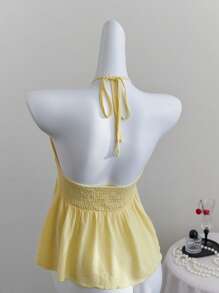 Elamini Women's Summer Casual Solid Color Ruched Criss-Cross Backless Halter Top