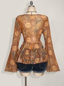 SHEIN ICON 加大码 Y2K 复古花卉印花前系带针织上衣，阳光佩斯利印花，波西米亚风，喇叭袖透明印花衬衫，音乐节，暑假 - 彩色 - 查看 2