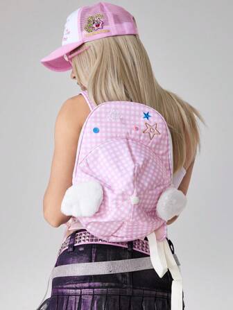Kawaii Süßes Set bestehend aus Rucksack mit Sternknopf, Plüschflügeln, Vichy-Muster und Baseballkappe für den Outdoor-Sport, leichter, lässiger Tagesrucksack für Schulmaterialien