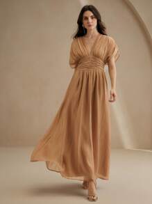 Anewsta 女式 V 领荷叶边肩袖收腰连衣裙，海滩度假装，春夏 - 摩卡棕 - 查看 7