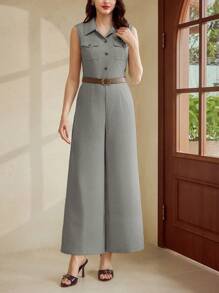 Vintamour Bộ đồ liền thân thanh lịch cổ điển dành cho quý cô, bộ đồ liền thân bó sát mùa xuân/hè có túi, cổ áo, thắt lưng màu kaki nhạt, không tay - Xám - Xem 5