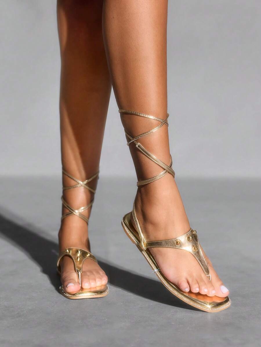 CUCCOO SZL 女士时尚金色性感平底凉鞋 - 金色 - 查看 1