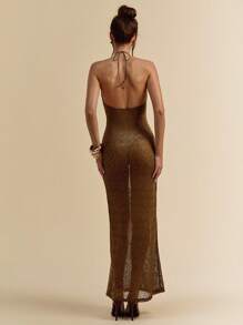 SHEIN BAE Váy bó sát màu nâu cà phê lưới đan móc họa tiết sao biển thời trang xuân/hè, váy che thân đi biển, váy móc, váy mùa hè - màu nâu - Xem 2